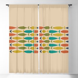 Midcentury Modern Multicolor Fish Stripe Pattern in Olive, Mustard, Orange, Teal, Beige Blackout Curtain