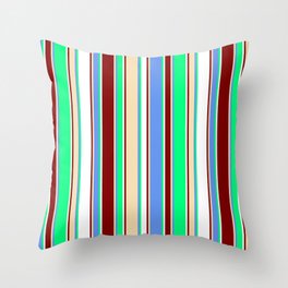 [ Thumbnail: Vibrant Green, Cornflower Blue, Tan, Maroon, and White Colored Lines Pattern Throw Pillow ]