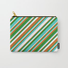 [ Thumbnail: Chocolate, Forest Green, Turquoise, and White Colored Stripes/Lines Pattern Carry-All Pouch ]