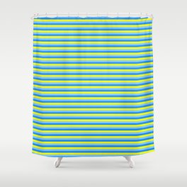 [ Thumbnail: Blue, Yellow & Light Sky Blue Colored Pattern of Stripes Shower Curtain ]