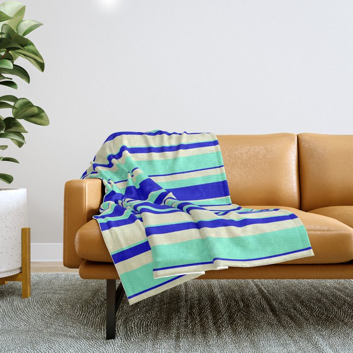 Light Yellow, Aquamarine, and Blue Colored Striped/Lined Pattern Throw Blanket