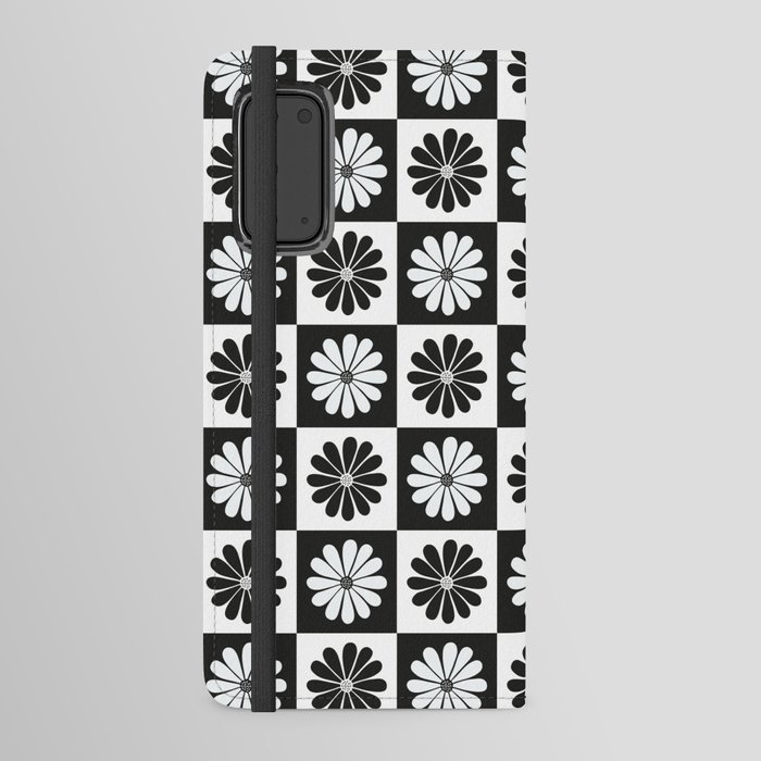 Checkered Black and White Daisy Pattern Android Wallet Case
