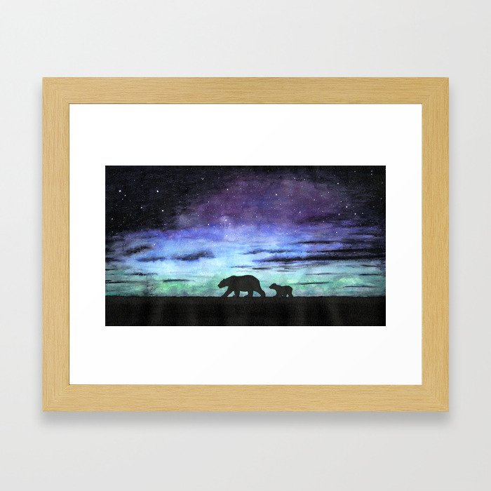 Aurora borealis and polar bears (black version) Framed Art Print
