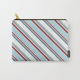 [ Thumbnail: Light Slate Gray, Mint Cream, Brown & Powder Blue Colored Lined/Striped Pattern Carry-All Pouch ]