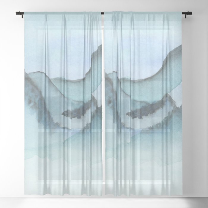 Minimalist Landscape In Blue Colors Sheer Curtain