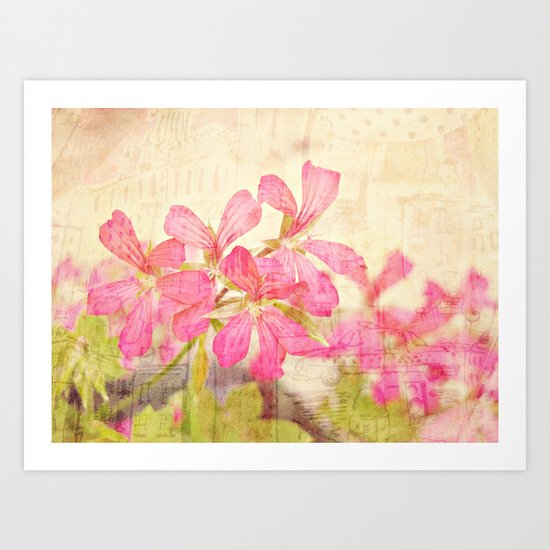 Vintage Whimsical Watermelon Pink Summer Geraniums in the City Montage Collage _ très chic Art Print