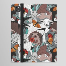 Geo spring animal party // green grey linen texture background brown aqua mint orange and neon red details iPad Folio Case