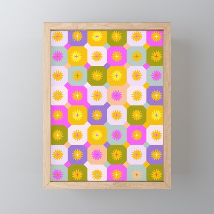 Star light daisy retro tile checker Framed Mini Art Print