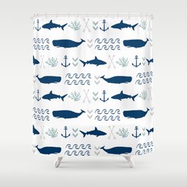 nautical whales sharks and anchors in navy grey white kids nursery boys girls decor Shower Curtain