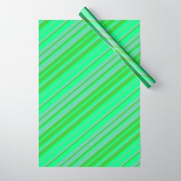 [ Thumbnail: Aquamarine, Lime Green & Green Colored Striped/Lined Pattern Wrapping Paper ]