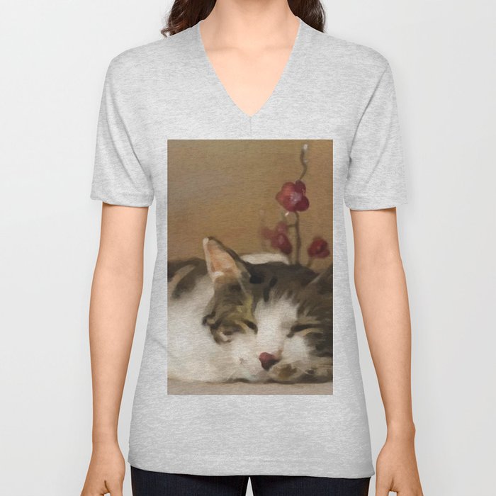 Cat V Neck T Shirt