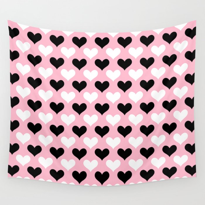 Black And White Heart Pattern On Pink Wall Tapestry By Mchhome Society6 - Black White Pink Wall Tapestry