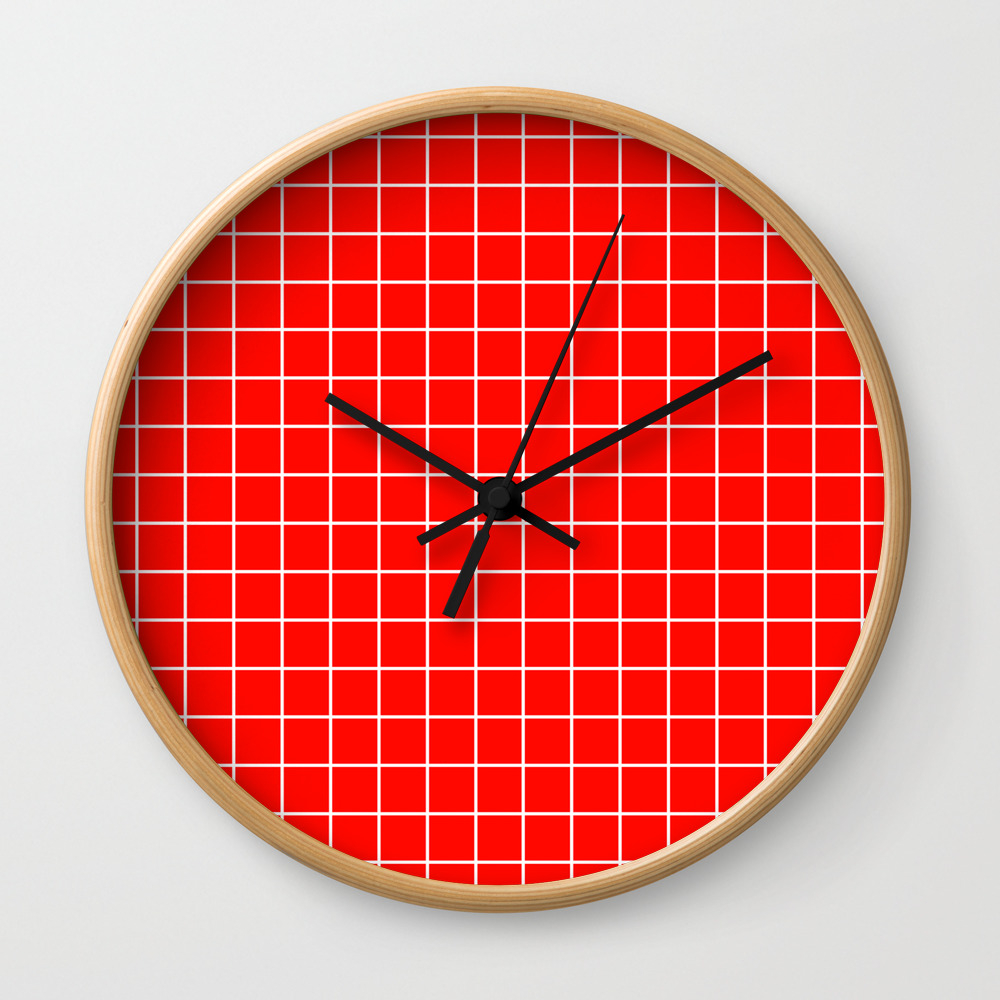 Candy Apple Red Red Color White Lines Grid Pattern Wall Clock