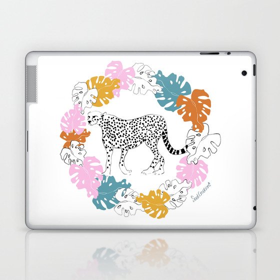 Tropical leopard monstera leaves black pink turquoise Laptop & iPad Skin
