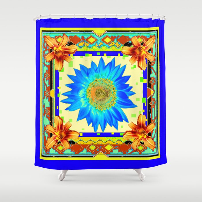 Blue Floral Southwest Deco Style Design Shower Curtain By