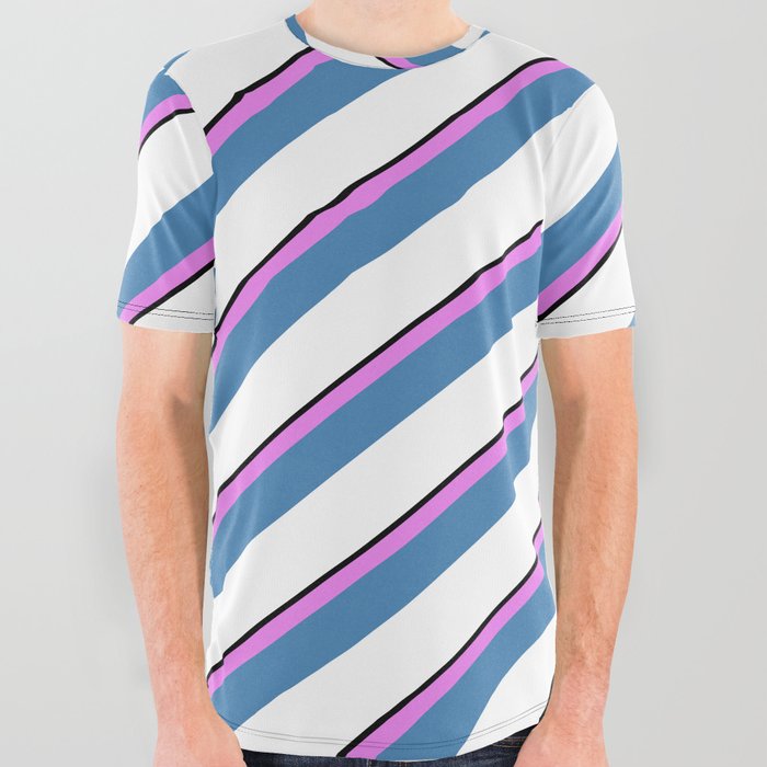 Black, Violet, Blue & White Colored Lines/Stripes Pattern All Over Graphic Tee