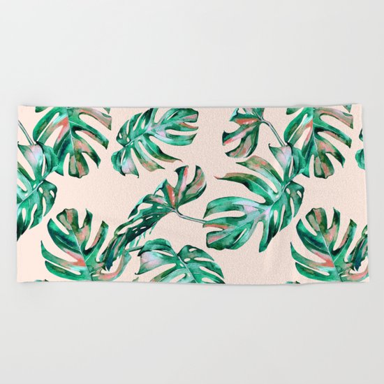 Tropical Palm Leaves Coral Greenery Beach Towel