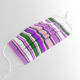 [ Thumbnail: Eyecatching Orchid, Light Pink, Dark Violet, Dark Green & Mint Cream Colored Lines/Stripes Pattern Face Mask ]
