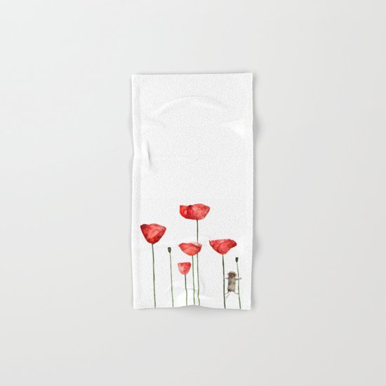 Mouse and poppies - Watercolor illustration Animal + Poppy Flower #Society6 Hand & Bath Towel