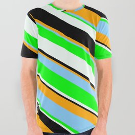 [ Thumbnail: Orange, Light Sky Blue, Lime, Mint Cream & Black Colored Pattern of Stripes All Over Graphic Tee ]