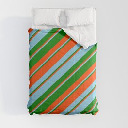 [ Thumbnail: Red, Sky Blue, and Green Colored Stripes/Lines Pattern Comforter ]