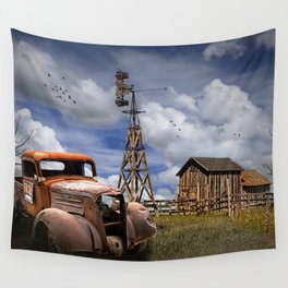 Old Junk Truck for Sale and Wooden Barn with Windmill Wall Tapestry