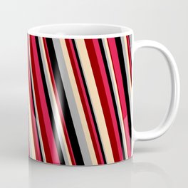 [ Thumbnail: Eye-catching Crimson, Maroon, Tan, Dark Gray, and Black Colored Lines/Stripes Pattern Coffee Mug ]