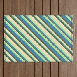[ Thumbnail: Green, Blue, Dark Olive Green, and Bisque Colored Striped/Lined Pattern Outdoor Rug ]