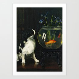 Japanese Chin and Goldfish, Vintage Art Art Print