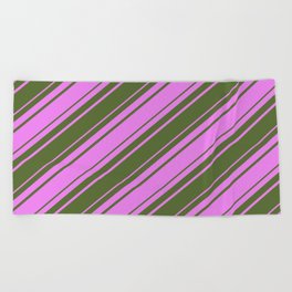 [ Thumbnail: Violet and Dark Olive Green Colored Lines/Stripes Pattern Beach Towel ]