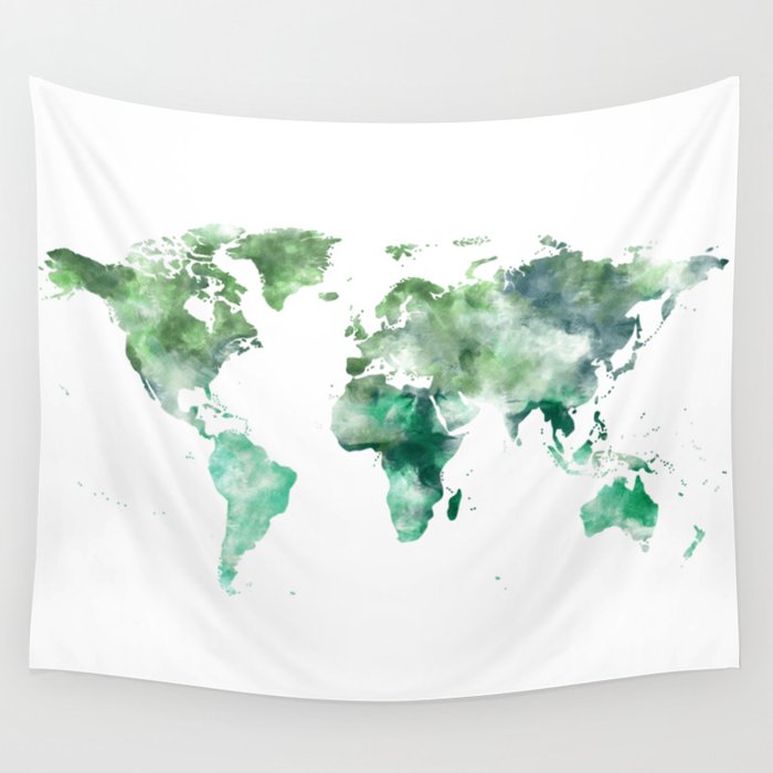 World Map Emerald Green Earth Wall Tapestry