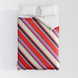 [ Thumbnail: Beige, Orchid, Red & Black Colored Striped/Lined Pattern Comforter ]