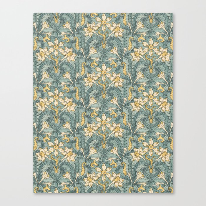 Timeless Elegance: Captivating Turquoise Daffodil Pattern in William Morris Style - A Tribute to Arts and Crafts Canvas Print