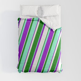 [ Thumbnail: Aquamarine, Dark Violet, White & Green Colored Lines/Stripes Pattern Comforter ]
