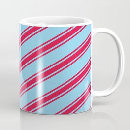 [ Thumbnail: Sky Blue & Crimson Colored Lines/Stripes Pattern Coffee Mug ]