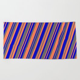 [ Thumbnail: Blue, Dim Gray, and Coral Colored Lines Pattern Beach Towel ]