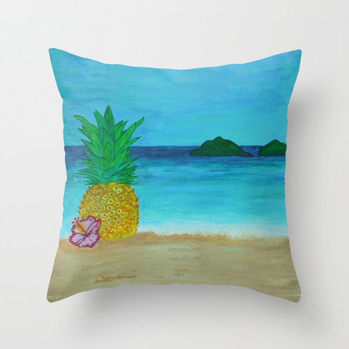 Pineapple On The Beach - Vibrant Throw Pillow