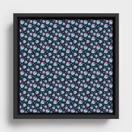 Pattern with Baby Feet  and Hearts on dark blue background Framed Canvas