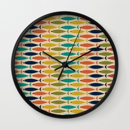 Midcentury Modern Multicolor Fish Stripes Pattern in Olive, Mustard, Orange, Teal, Beige Wall Clock