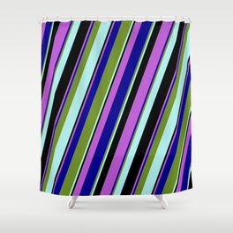 [ Thumbnail: Eyecatching Orchid, Dark Blue, Green, Turquoise, and Black Colored Stripes/Lines Pattern Shower Curtain ]