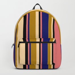 [ Thumbnail: Light Coral, Midnight Blue, Dark Goldenrod, Tan & Black Colored Lined Pattern Backpack ]
