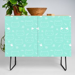 Seafoam and White Doodle Kitten Faces Pattern Credenza