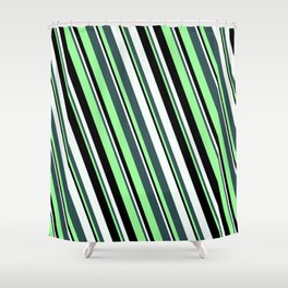 [ Thumbnail: Dark Slate Gray, Green, Black & Mint Cream Colored Stripes/Lines Pattern Shower Curtain ]
