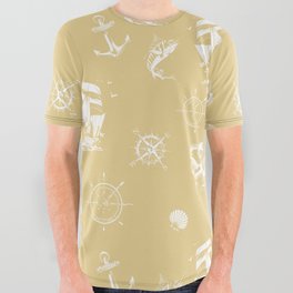 Beige And White Silhouettes Of Vintage Nautical Pattern All Over Graphic Tee