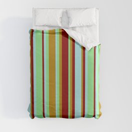 [ Thumbnail: Light Green, Dark Goldenrod, Dark Red, and Turquoise Colored Lines/Stripes Pattern Duvet Cover ]