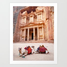 Camels in front of the treasury of world wonder Petra | Travel photography Jordan Art Print