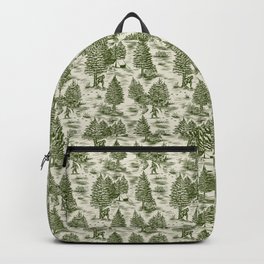 Bigfoot / Sasquatch Toile de Jouy in Forest Green Backpack | Footprints, Myth, Camping, Forest, Toiledejouy, Sasquatch, Bigfoot, Yeti, Folklore, Drawing 