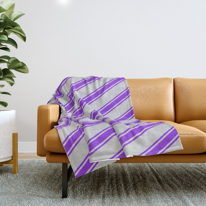 Light Grey & Purple Colored Lined Pattern Throw Blanket