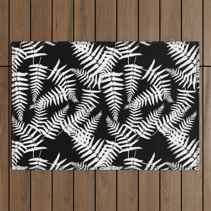 Black And White Fern Leaf Pattern Outdoor Rug