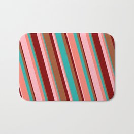 [ Thumbnail: Eye-catching Sienna, Light Sea Green, Salmon, Light Pink, and Maroon Colored Striped Pattern Bath Mat ]